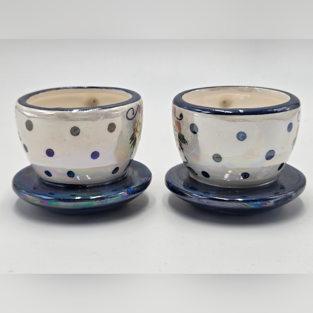 2 pcs Mary Engelbreit Miniature Tea Cup On Saucer Ornament Luster Polka Dots 2 - Picture 4 of 7